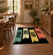 vintage stripe eat sleep hike repeat area rug, front room mockup