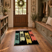 vintage stripe eat sleep hike repeat area rug, wide interior view