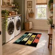vintage stripe eat sleep hike repeat area rug, design detail view