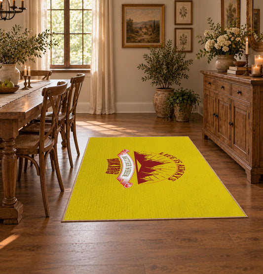 yellow red mountain sunrise badge area rug, featured room view
