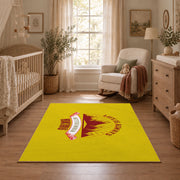yellow red mountain sunrise badge area rug, full pattern view