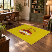 yellow red mountain sunrise badge area rug, wood floor styling