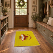 yellow red mountain sunrise badge area rug, front room mockup