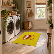 yellow red mountain sunrise badge area rug, wide interior view