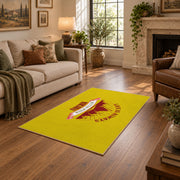 yellow red mountain sunrise badge area rug, design detail view