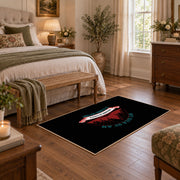 black red wilderness mountain badge area rug, cozy home setting