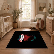 black red wilderness mountain badge area rug, angled room view