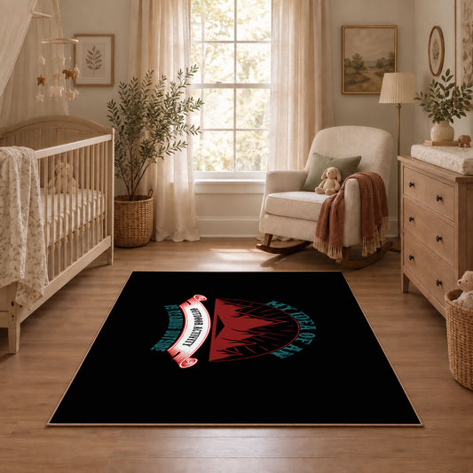 black red wilderness mountain badge area rug, angled room view