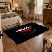 black red wilderness mountain badge area rug, full pattern view