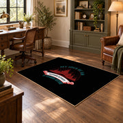 black red wilderness mountain badge area rug, soft surface detail