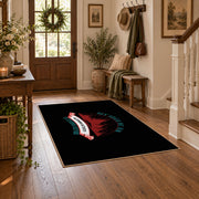 black red wilderness mountain badge area rug, wood floor styling