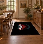 black red wilderness mountain badge area rug, close decorative detail