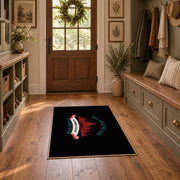 black red wilderness mountain badge area rug, front room mockup