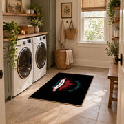 black red wilderness mountain badge area rug, wide interior view