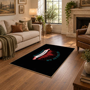 black red wilderness mountain badge area rug, design detail view