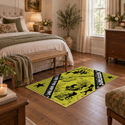 yellow black wild mountain adventure area rug, cozy home setting