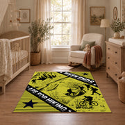 yellow black wild mountain adventure area rug, angled room view