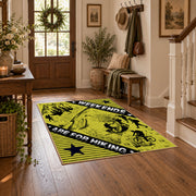yellow black wild mountain adventure area rug, wood floor styling