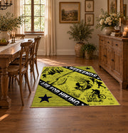 yellow black wild mountain adventure area rug, close decorative detail