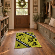 yellow black wild mountain adventure area rug, front room mockup