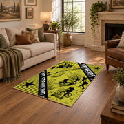 yellow black wild mountain adventure area rug, design detail view
