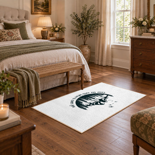 white cover the earth mountain quote area rug, featured room view