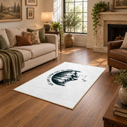 white cover the earth mountain quote area rug, cozy home setting