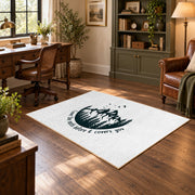 white cover the earth mountain quote area rug, wood floor styling