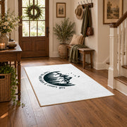 white cover the earth mountain quote area rug, close decorative detail