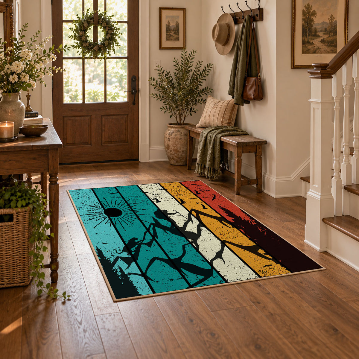 colorful retro mountain sunset abstract area rug, featured room view
