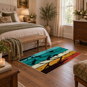colorful retro mountain sunset abstract area rug, cozy home setting