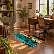 colorful retro mountain sunset abstract area rug, complete product view