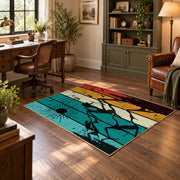 colorful retro mountain sunset abstract area rug, wood floor styling