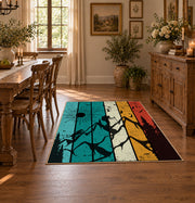 colorful retro mountain sunset abstract area rug, close decorative detail