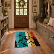 colorful retro mountain sunset abstract area rug, front room mockup