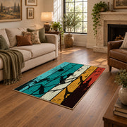 colorful retro mountain sunset abstract area rug, design detail view