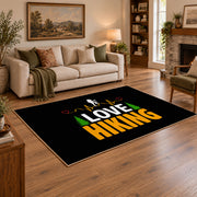 black gold love hiking typography area rug, featured room view