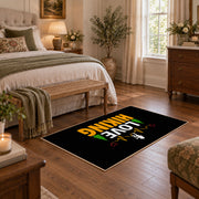 black gold love hiking typography area rug, cozy home setting