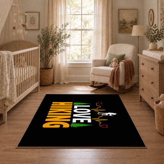 black gold love hiking typography area rug, angled room view