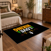 black gold love hiking typography area rug, full pattern view