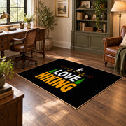 black gold love hiking typography area rug, soft surface detail