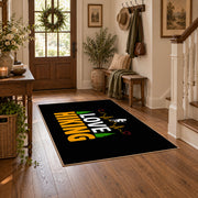 black gold love hiking typography area rug, wood floor styling