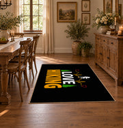black gold love hiking typography area rug, close decorative detail