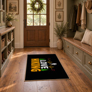 black gold love hiking typography area rug, front room mockup