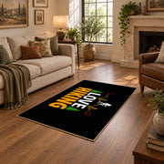 black gold love hiking typography area rug, design detail view