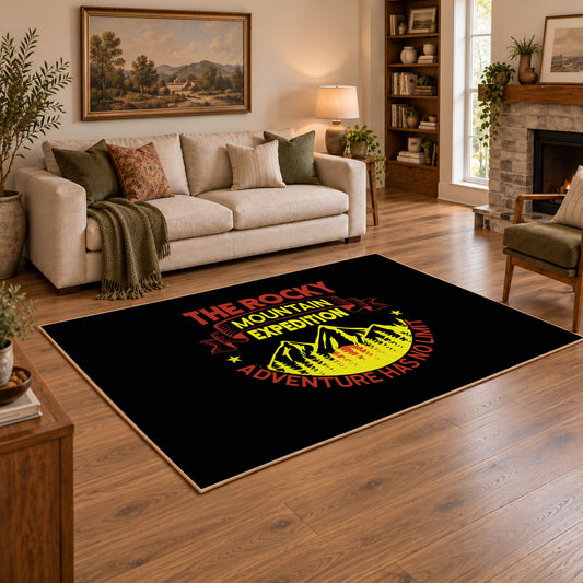 black rocky mountain expedition adventure area rug, angled room view
