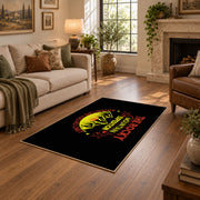 black rocky mountain expedition adventure area rug, design detail view