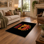 black orange vintage logger mountain area rug, cozy home setting