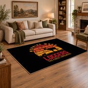 black orange vintage logger mountain area rug, angled room view