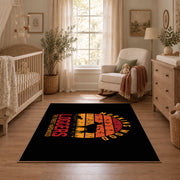 black orange vintage logger mountain area rug, full pattern view
